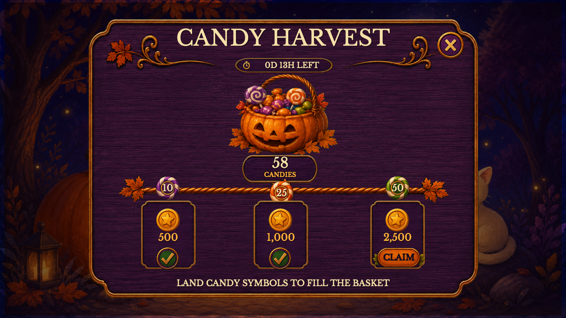 Candy Harvest event screen with a pumpkin basket and reward milestones