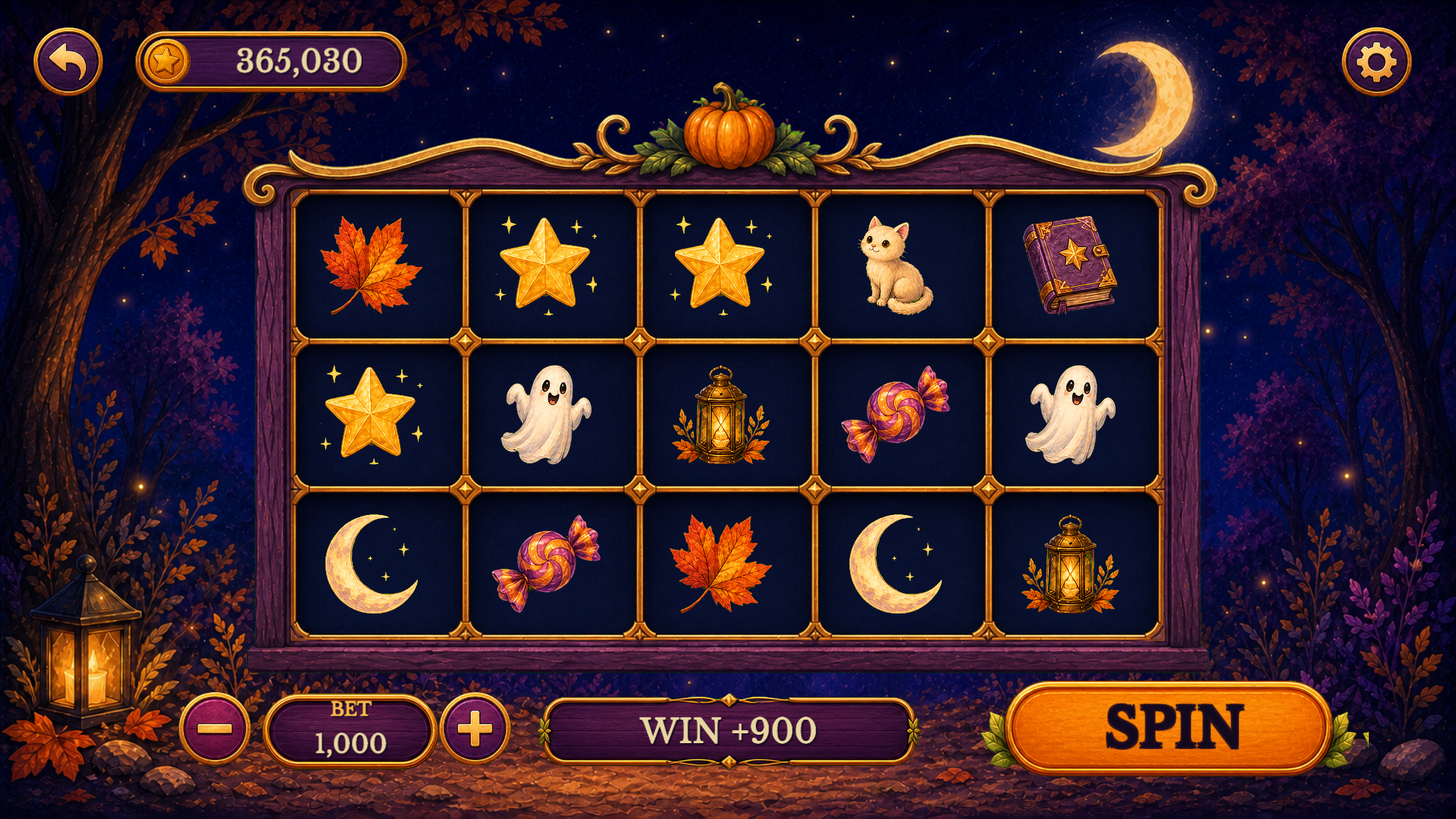 Pumpkin Moon Fortune game screen with autumn symbols and golden reels beneath the moon