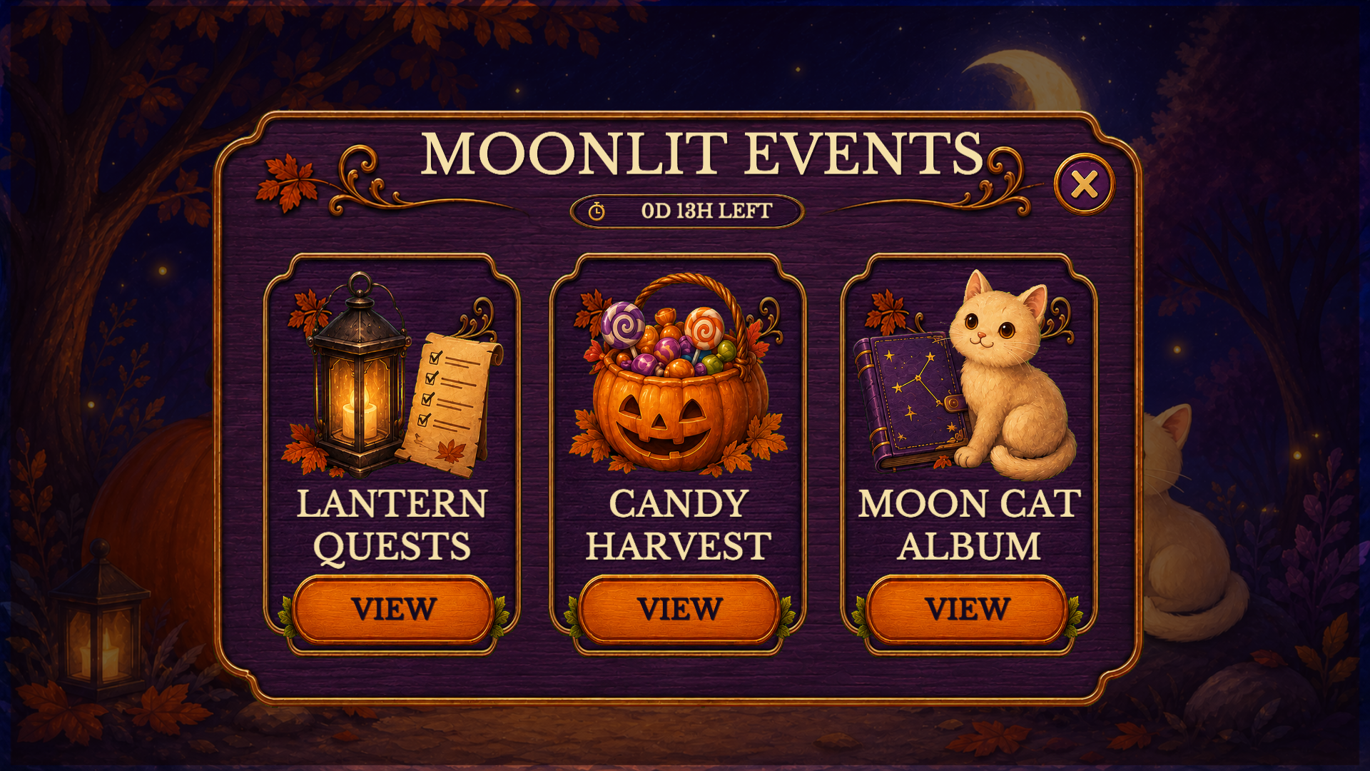 Moonlit Events screen featuring Lantern Quests, Candy Harvest, and Moon Cat Album