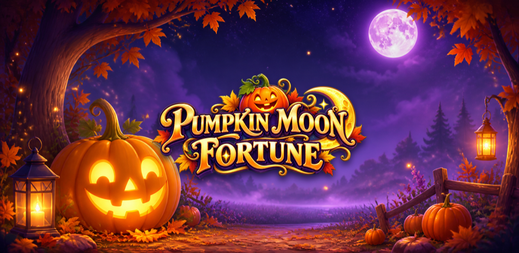 Pumpkin Moon Fortune logo above a lantern-lit autumn path, with glowing pumpkins and a violet full moon